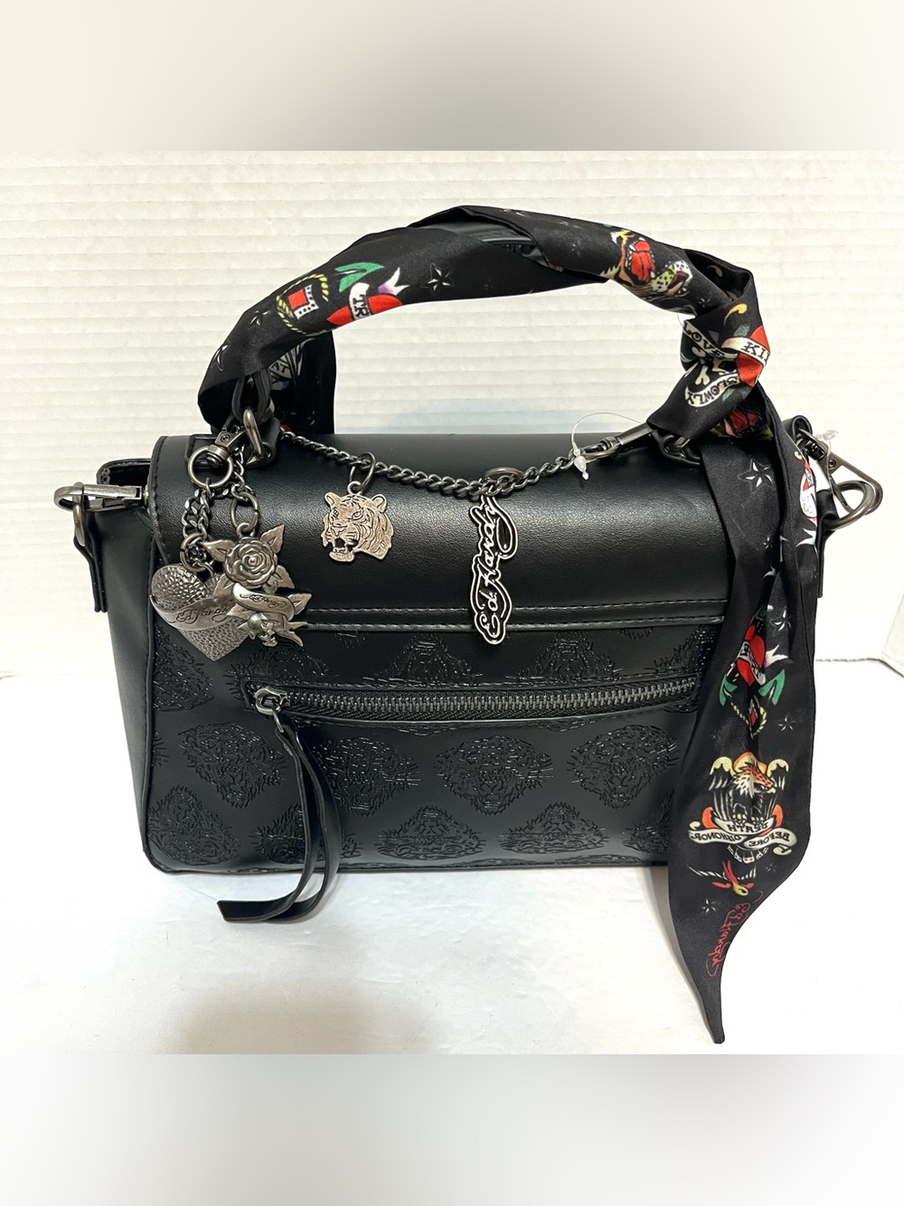 Edgy Black Women's Top-Handle Bag with Charm Accent and scarf twilly Ed Hardy